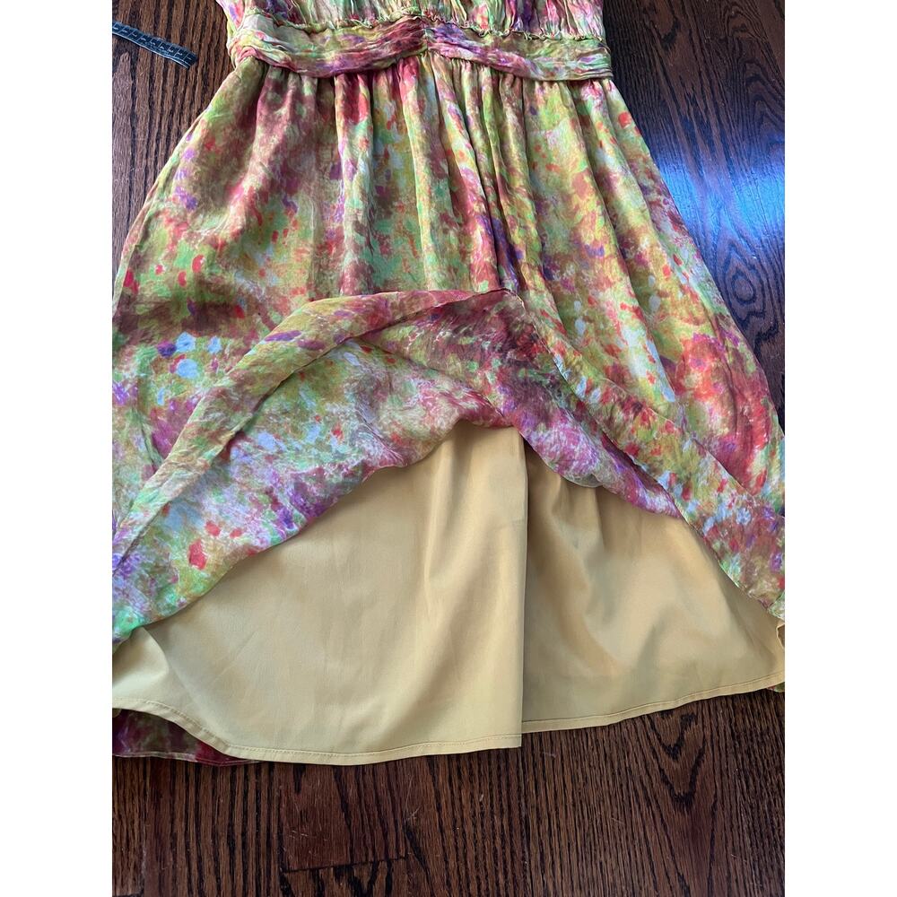 Sundance 100% Silk Dress 10 Watercolor Floral Green Pink Fit Flare Midi V-Neck - Picture 7 of 8